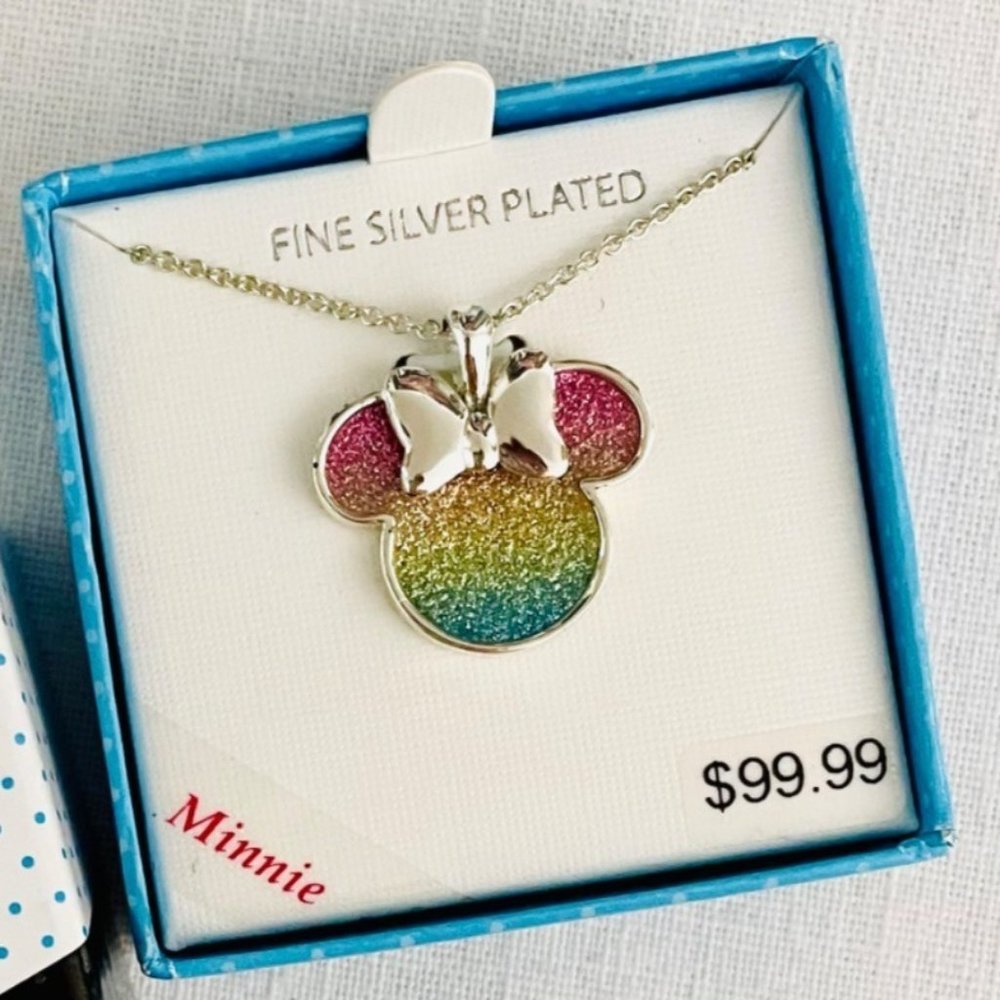 Disney Minnie Mouse Glitter Pendant, Pastel colors, 18" chain, NEW in box